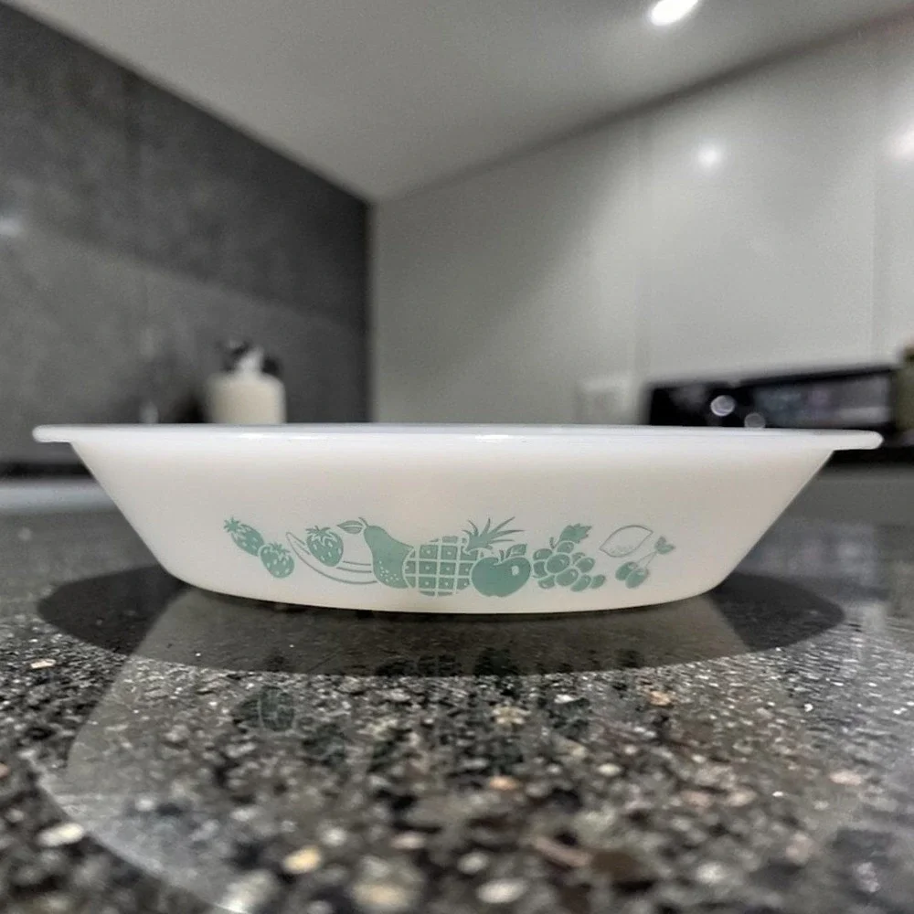 Glasbake‎ Divided Casserole Dish J-2352, Aqua Turquoise Fruit Design Milk Glass